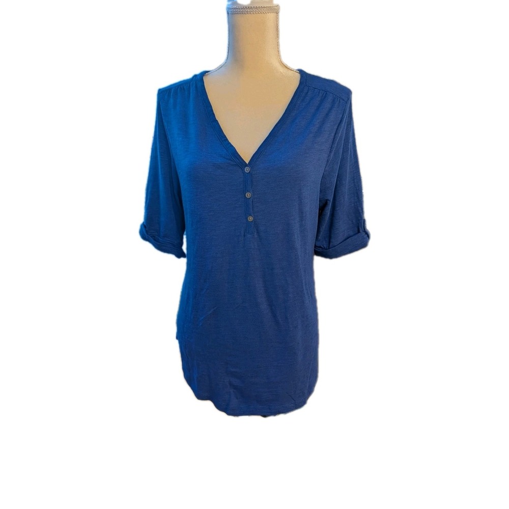 Chico's Women Ultimate Tee Size 1 Med Blue V‎ Neck 3/4 Sleeve Cotton Knit Travel
